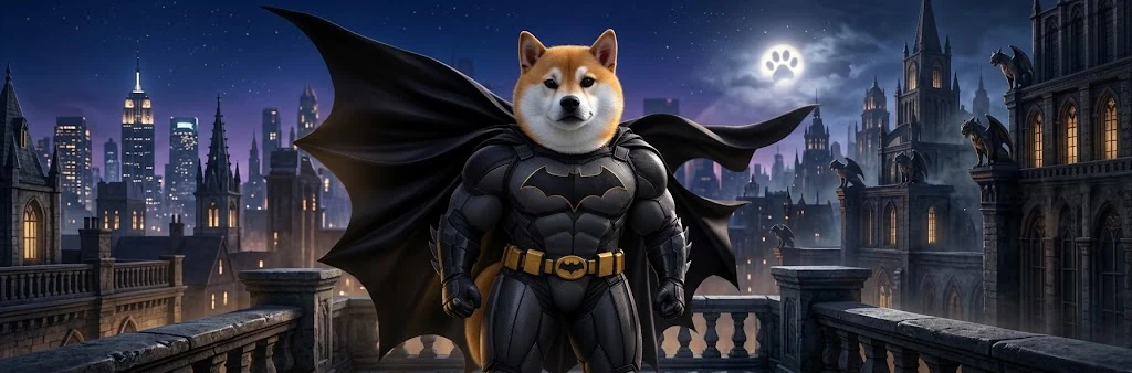 Bat Inu on a gothic rooftop beneath a paw-shaped signal in the night sky