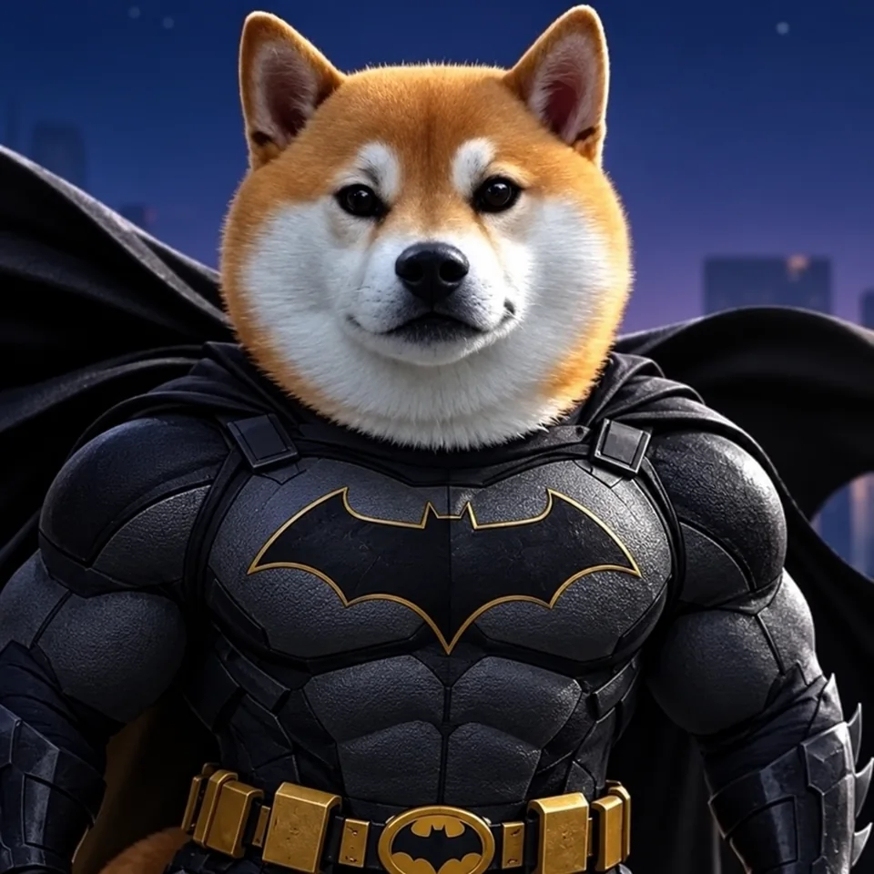 Bat Inu, a determined Shiba Inu in black armor and a flowing cape